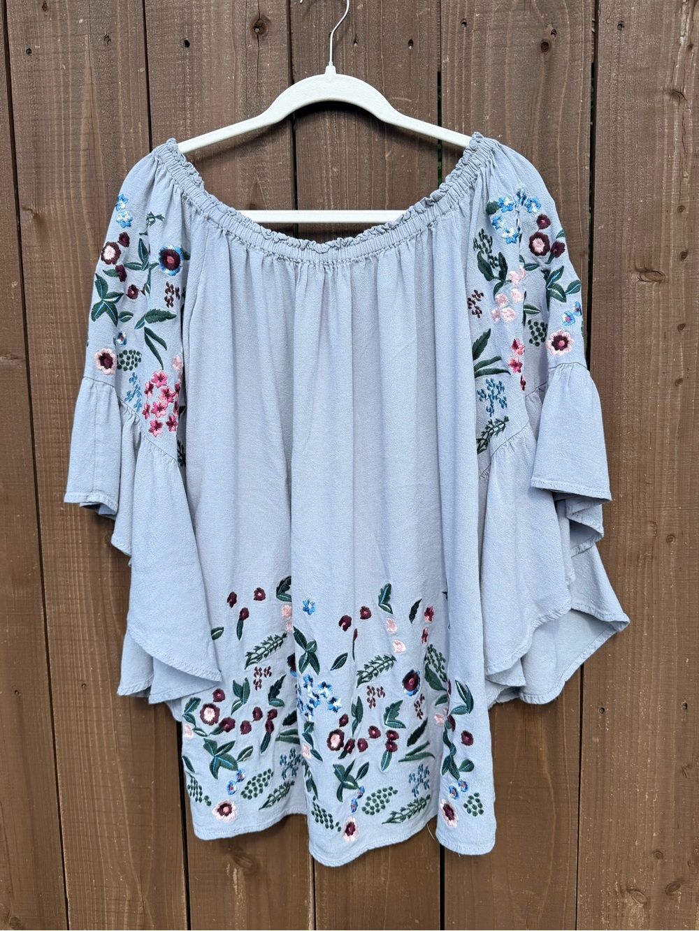 Umgee Light Blue Embroidered Off-Shoulder Tunic